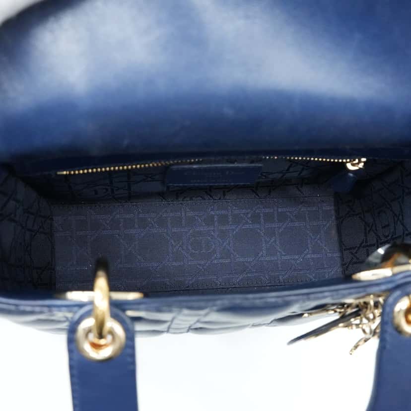 Christian Dior Navy Blue Color Small Lady Dior Lambskin Leather Satchel Bag Blue Good condition - Box View