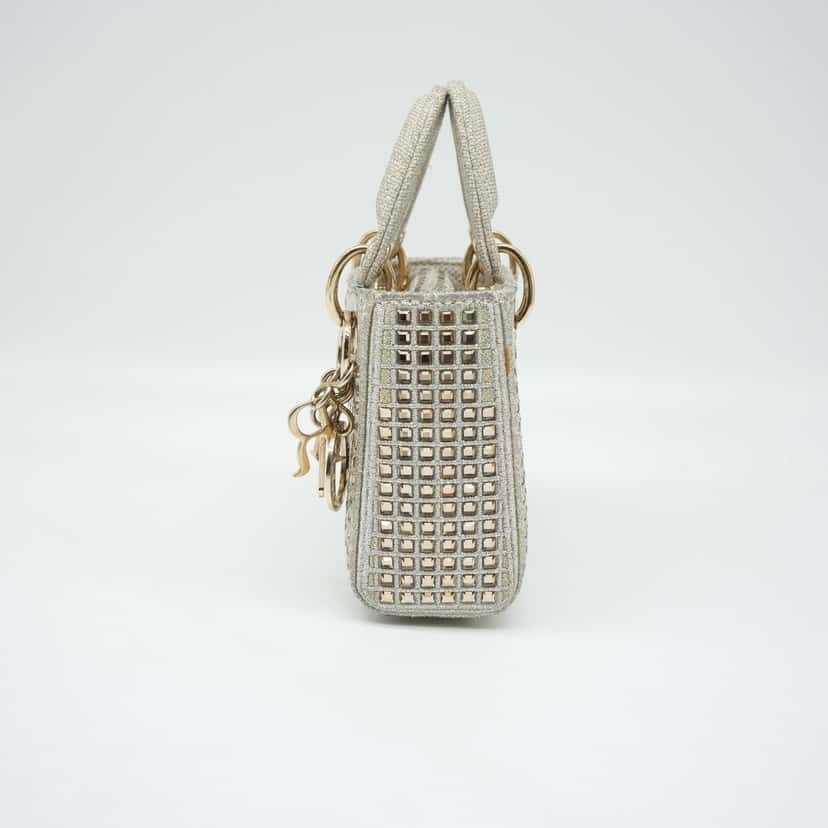 Dior Lady Dior Micro Shiny Handbag Beige Canvas Good condition - Back View