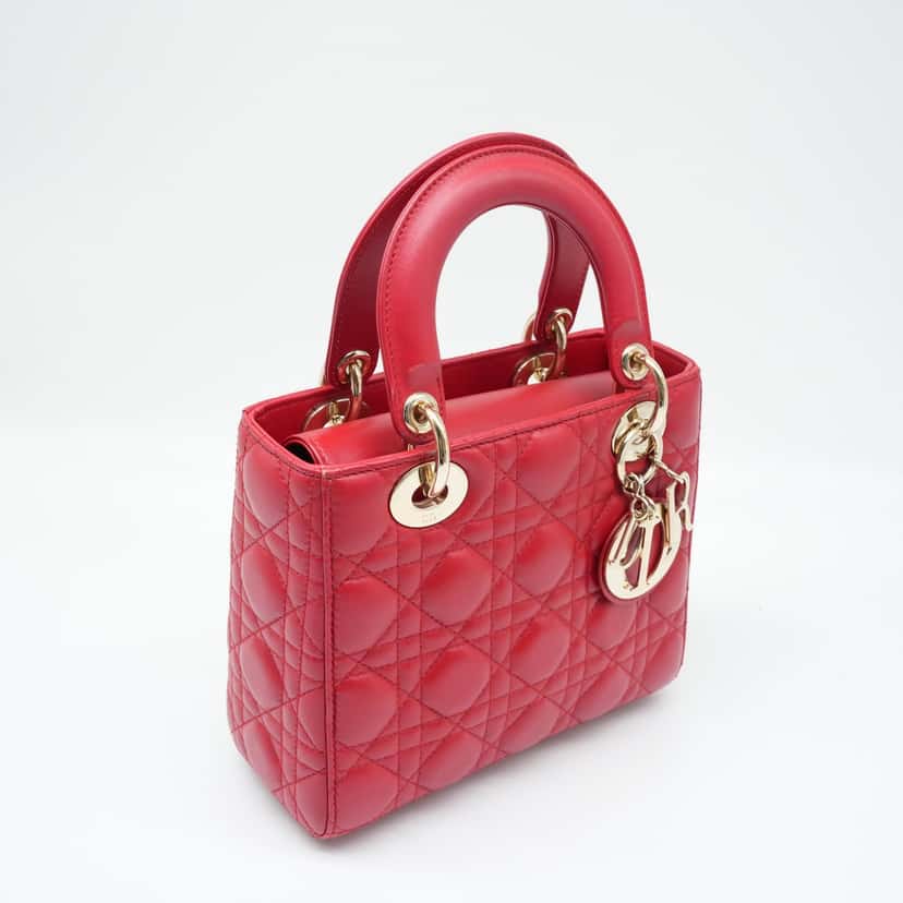 Christian Dior Christian Dior Red Color Small Lady Dior Lambskin Leather Satchel Bag Red Very good condition - Box View