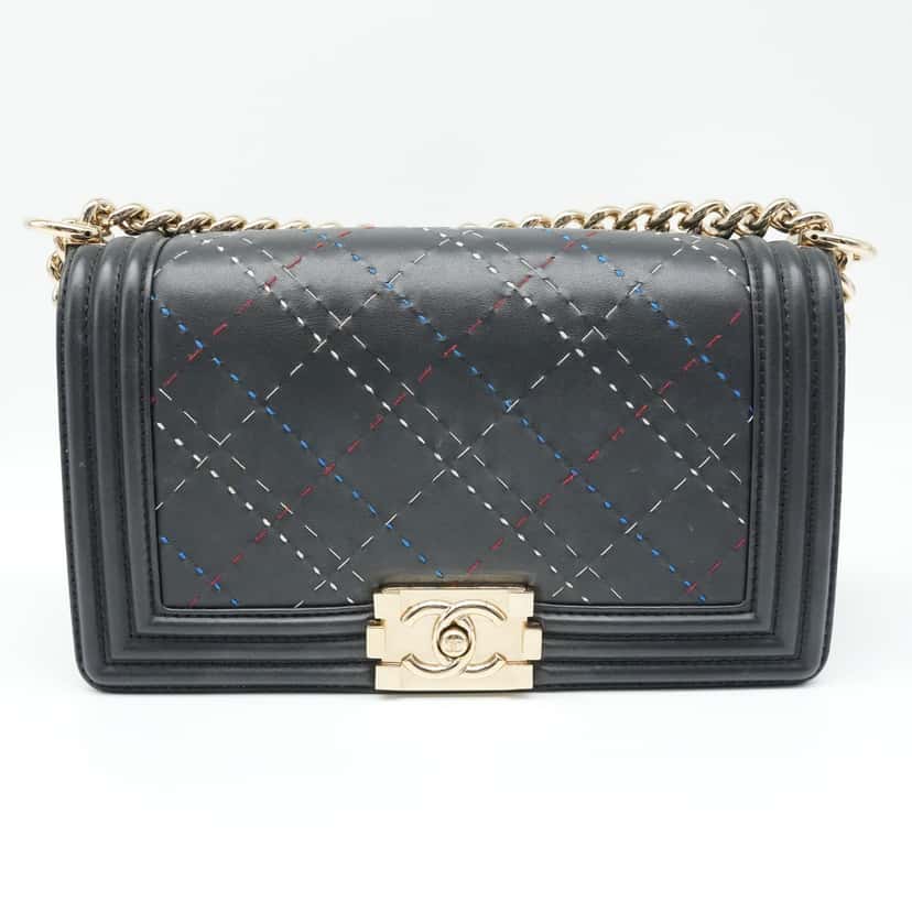 Chanel Boy Bag Black Medium tricolor Black Leather Fair condition - Back View