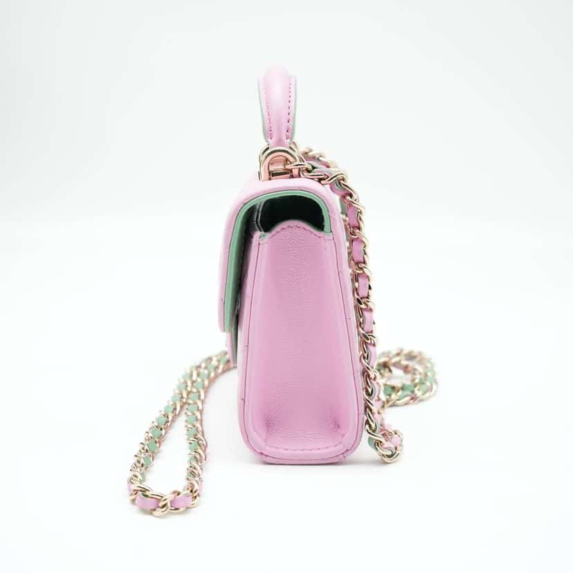 Chanel Pink & Green Lambskin Mini Matresse Top Handle Bag with Gold Hardware Pink Leather Good condition - Back View