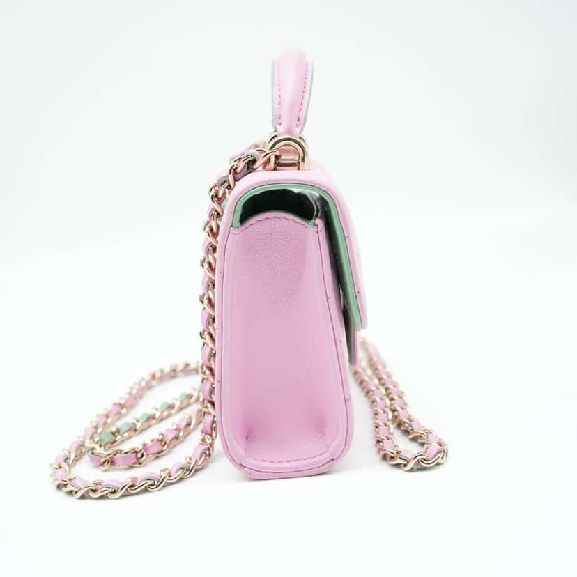 Chanel Pink & Green Lambskin Mini Matresse Top Handle Bag with Gold Hardware Pink Leather Good condition - Model View