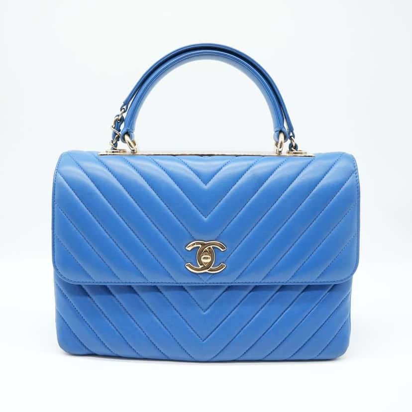Chanel Trendy CC Top Handle Blue Chevron Quilted Leather 27043274 Blue Leather Fair condition - Back View