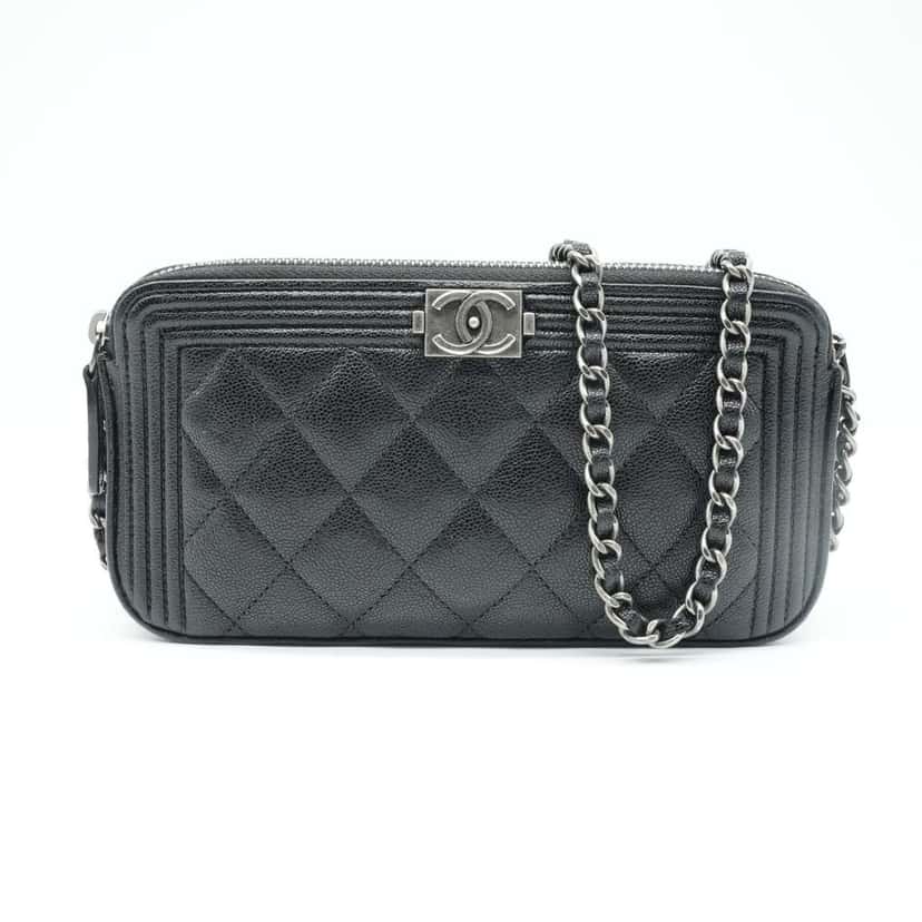 Chanel Boy Double Zip Chain Wallet Black Quilted Caviar Leather Black Good condition - Front View