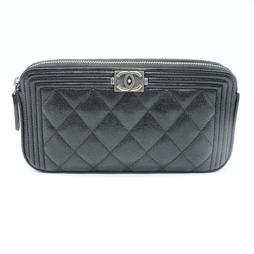 Chanel Boy Double Zip Chain Wallet Black Quilted Caviar Leather Black Good condition - Back View