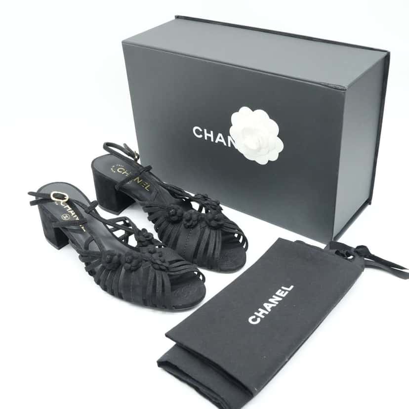 Chanel Black Suede Mule Sandals Camellia Flower Gold Tone Buckle Size 40C Black Suede Fair condition - Front View