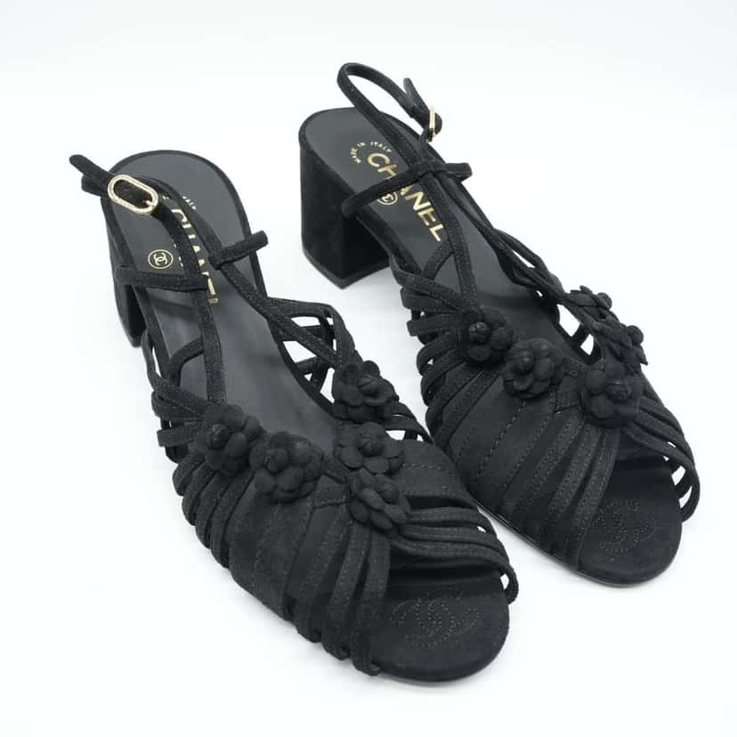 Chanel Black Suede Mule Sandals Camellia Flower Gold Tone Buckle Size 40C Black Suede Fair condition - Back View