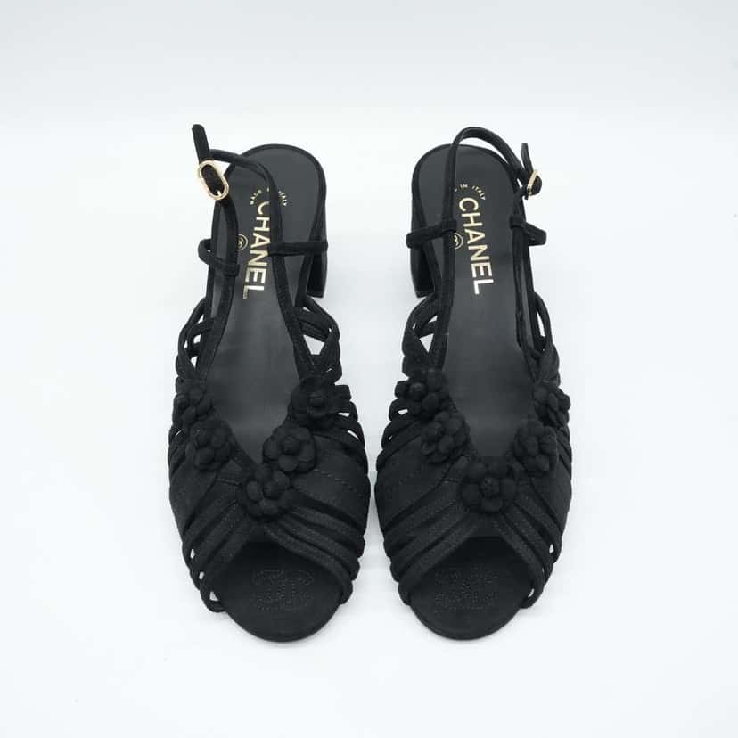 Chanel Black Suede Mule Sandals Camellia Flower Gold Tone Buckle Size 40C Black Suede Fair condition - Inside View