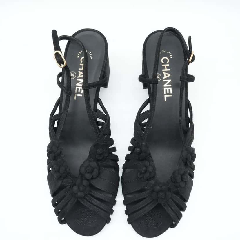 Chanel Black Suede Mule Sandals Camellia Flower Gold Tone Buckle Size 40C Black Suede Fair condition - Model View