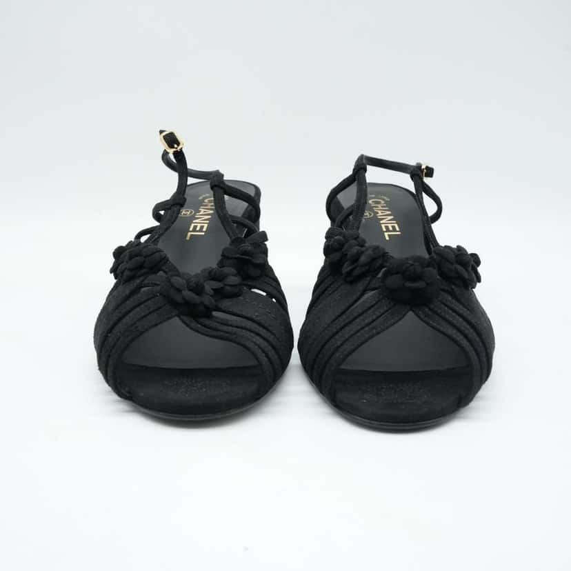 Chanel Black Suede Mule Sandals Camellia Flower Gold Tone Buckle Size 40C Black Suede Fair condition - Box View