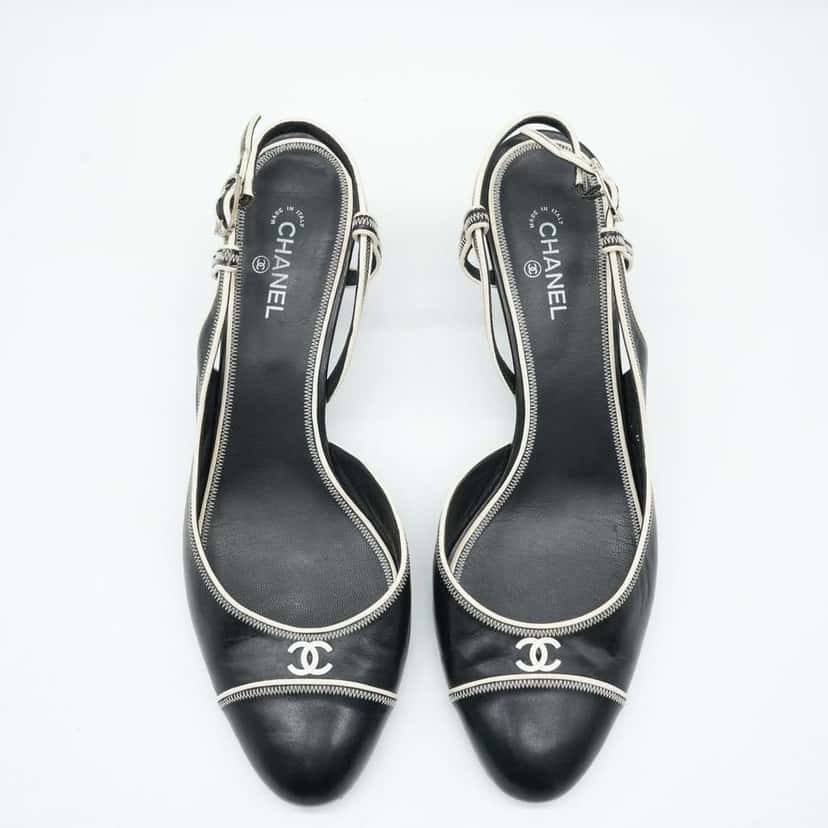 Chanel Slingback Pumps CoCo Round Toe Black & Beige Leather 08C F G25871 Size 41 Black Leather Fair condition - Back View