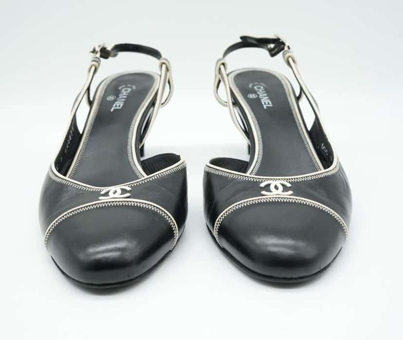 Chanel Slingback Pumps CoCo Round Toe Black & Beige Leather 08C F G25871 Size 41 Black Leather Fair condition - Inside View