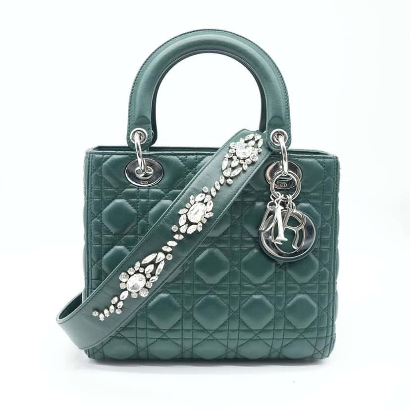 Dior Lady Dior Bag Medium Cannage Lambskin Leather Green Green Good condition - Front View