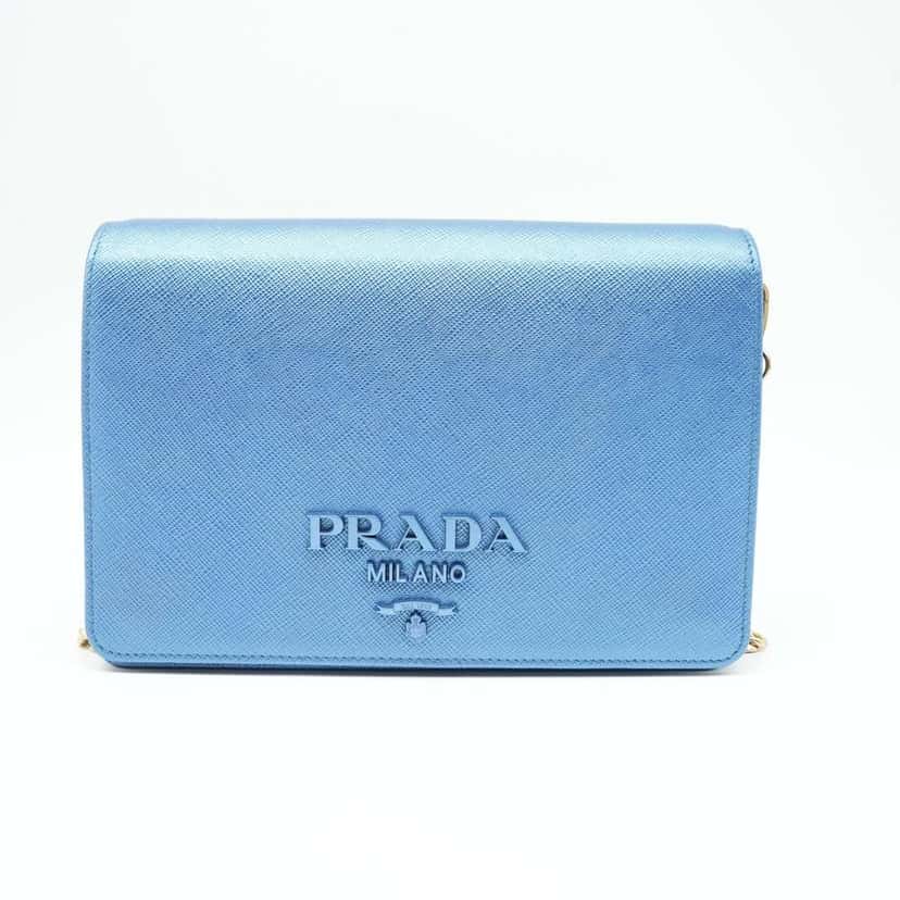 Prada Saffiano Leather Zip Around Wallet On Chain Blue Fair condition - Back View
