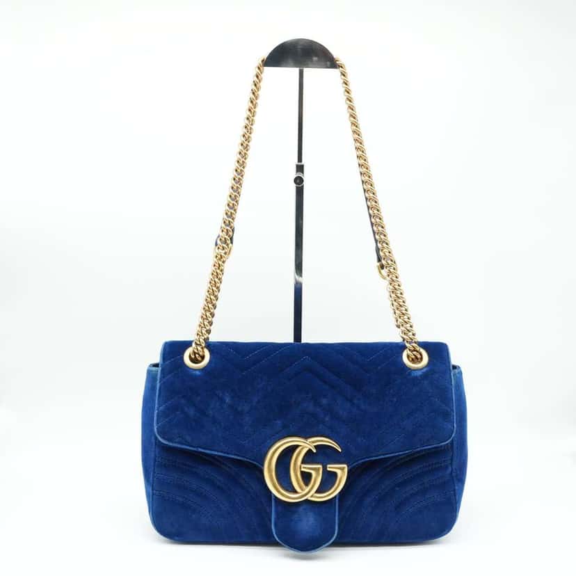 Gucci GG Marmont Shoulder Bag Navy Blue Velvet Blue Velvet Fair condition - Back View