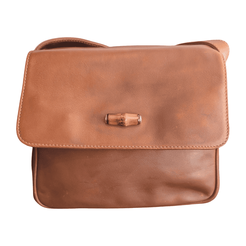 Gucci Vintage Bamboo Messenger Crossbody Brown Leather Wood Good condition - Front View