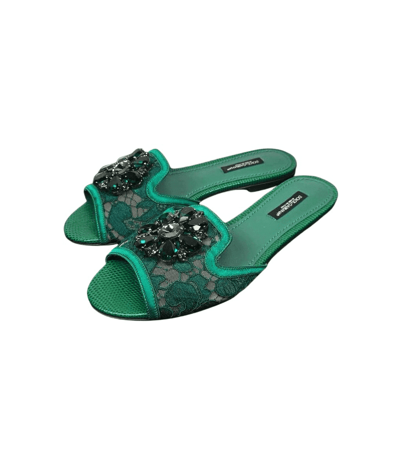 Dolce & Gabbana Lace rainbow sliders with brooch Green Leather Very good condition - Front View
