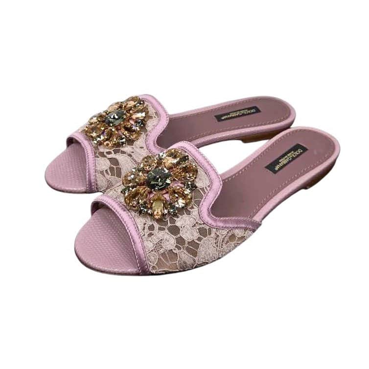 Dolce & Gabbana Lace rainbow sliders with brooch Pink Leather Never worn, with tag - Front View