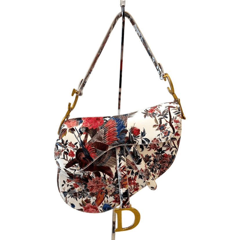 Dior Dior Rare Floral and Bird Print Leather Saddle Bag Gold Detailing Beige Leather Very good condition - Front View