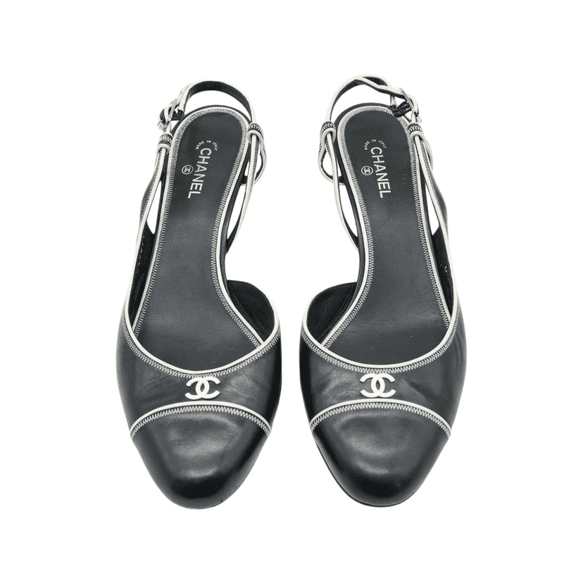 Chanel Slingback Pumps CoCo Round Toe Black & Beige Leather 08C F G25871 Size 41 Black Leather Fair condition - Front View