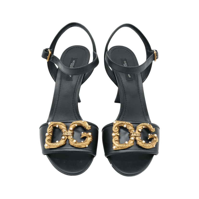 Dolce & Gabbana Sandals With D&G Amore Logo Calfskin Size 38 Black Leather Fair condition - Front View