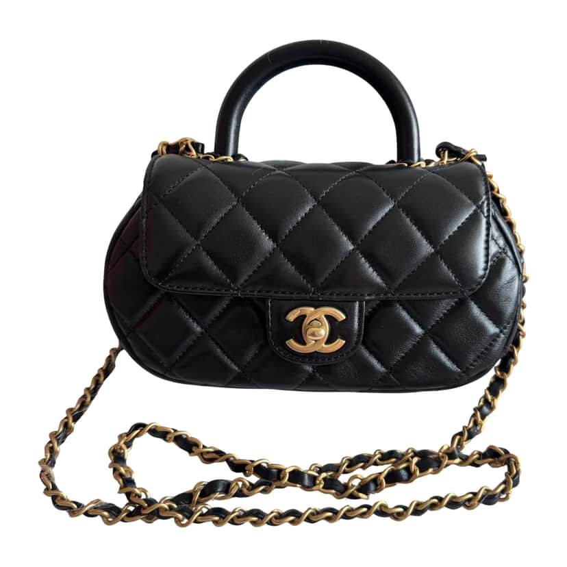 Chanel Lambskin Top Handle Bag Black Leather Very good condition - Front View