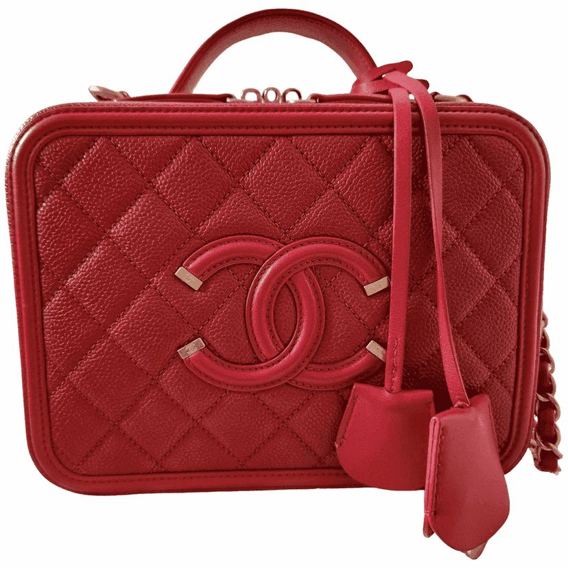 Chanel Filigree Vanity Case Red Leather Gold Very good condition - Front View