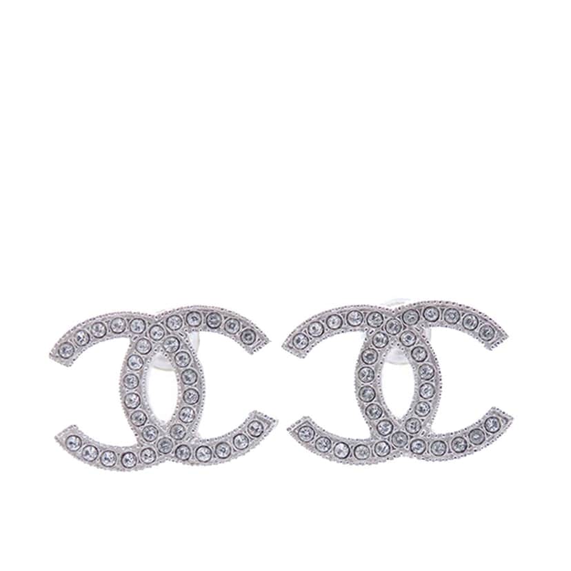 Chanel Silver Rhinestones CC Push Back Earrings Silver Metal Good condition - Front View