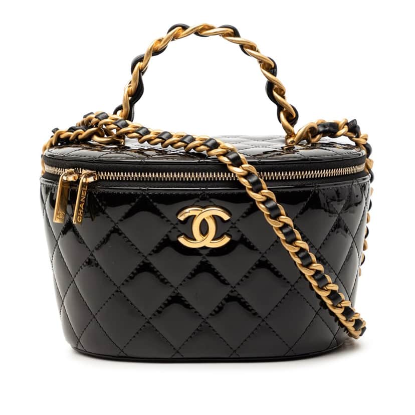 Chanel Quilted Patent Afternoon Tea Vanity Case with Chain Black Leather Very good condition - Front View