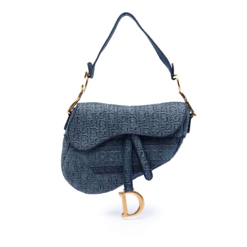 Dior Oblique Embroidered Denim Saddle Bag Blue Very good condition - Front View