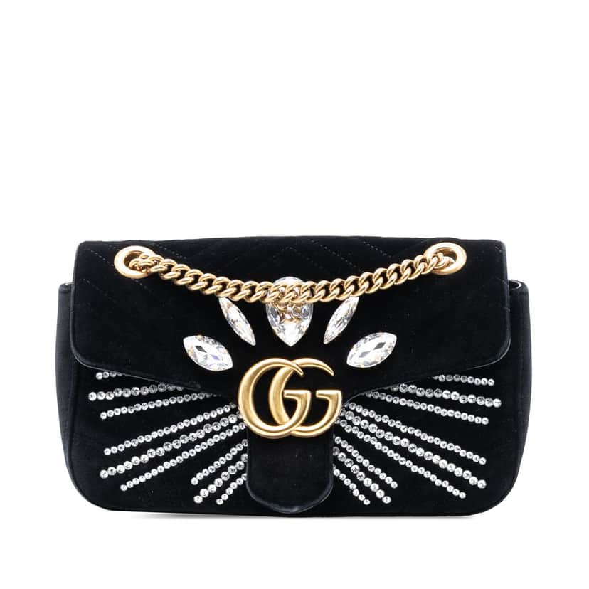Gucci Medium GG Marmont Matelasse Velvet Crystal Embellished Shoulder Bag Black Very good condition - Front View