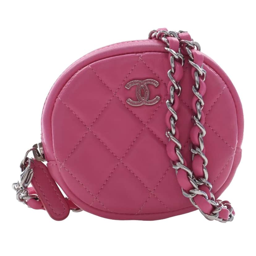 Chanel CC Quilted Lambskin Zip Around Coin Pouch with Chain Pink Leather Very good condition - Front View
