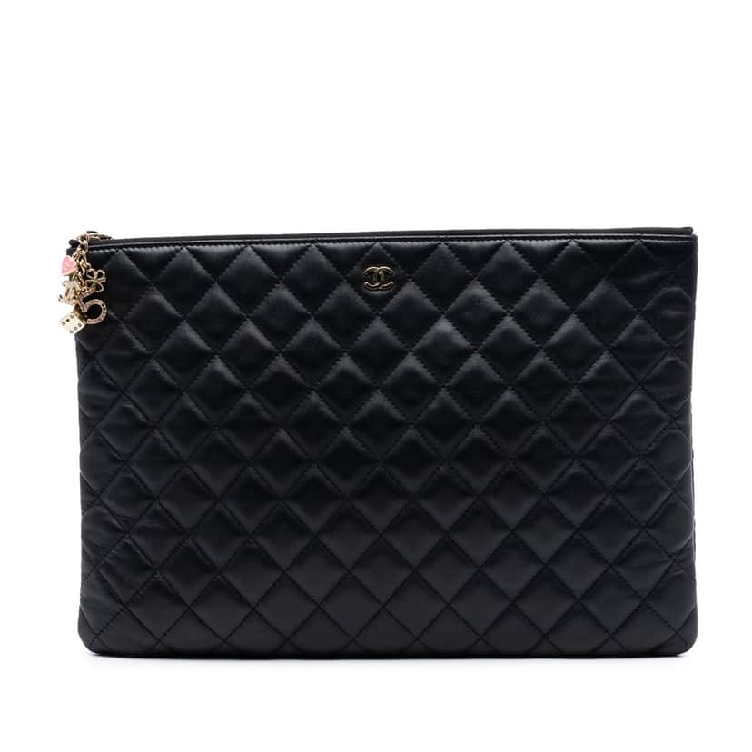Chanel Large Quilted Lambskin Casino Charms O Case Clutch Black Leather Very good condition - Front View