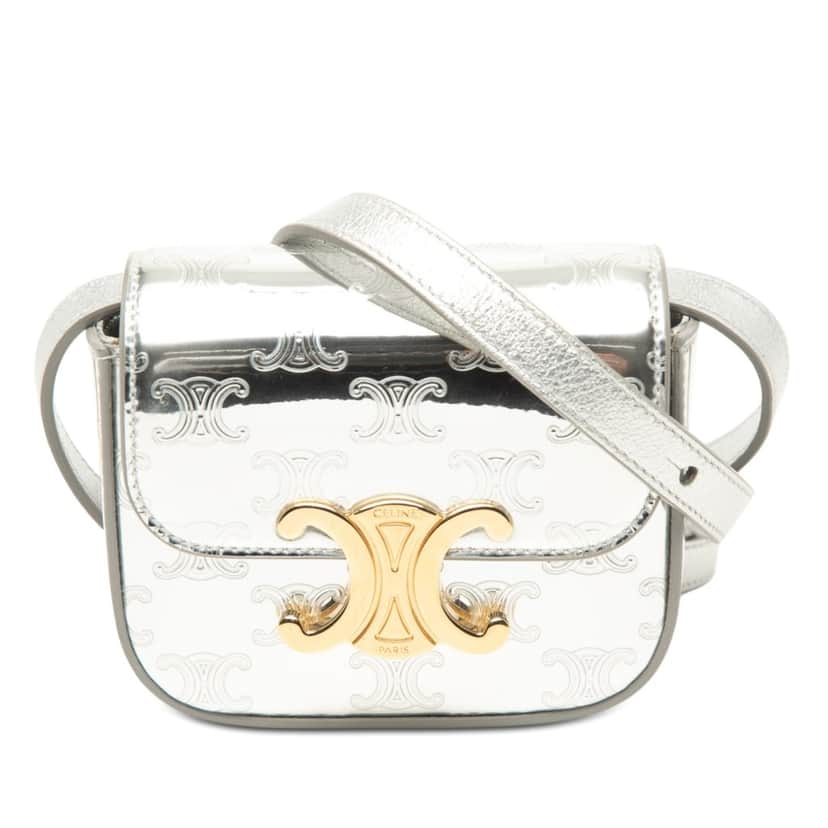 Celine Mini Triomphe Metallic Calfskin Claude Crossbody Silver Leather Very good condition - Front View