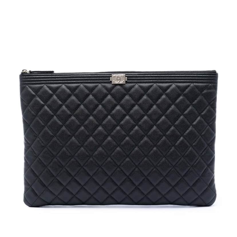 Chanel Large Quilted Caviar Boy O Case Clutch Black Leather Very good condition - Front View