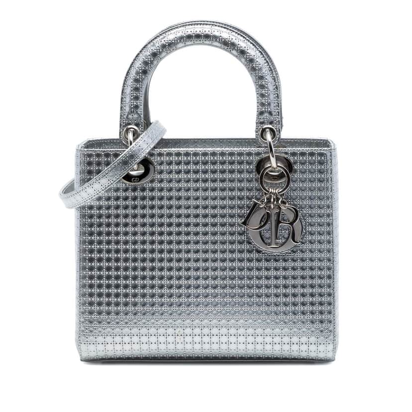 Dior Medium Metallic Patent Microcannage Lady Dior Silver Leather Very good condition - Front View