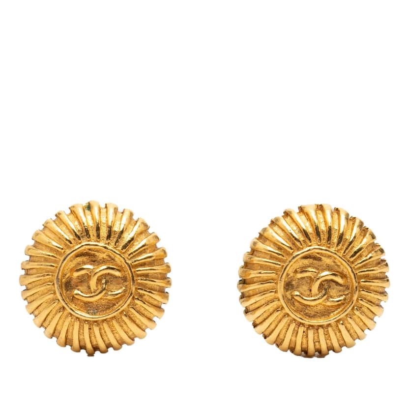 Chanel Gold Plated CC Sunburst Clip On Earrings Gold Metal Very good condition - Front View
