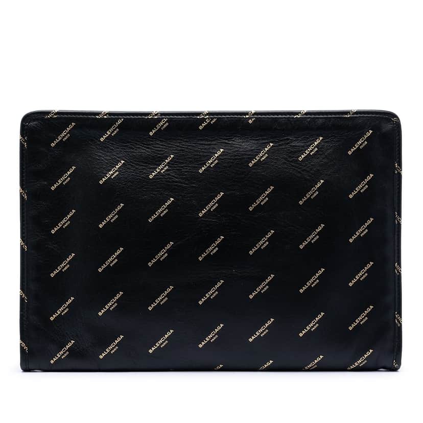 Balenciaga Lambskin Allover Logo Zip Pouch Black Leather Very good condition - Front View