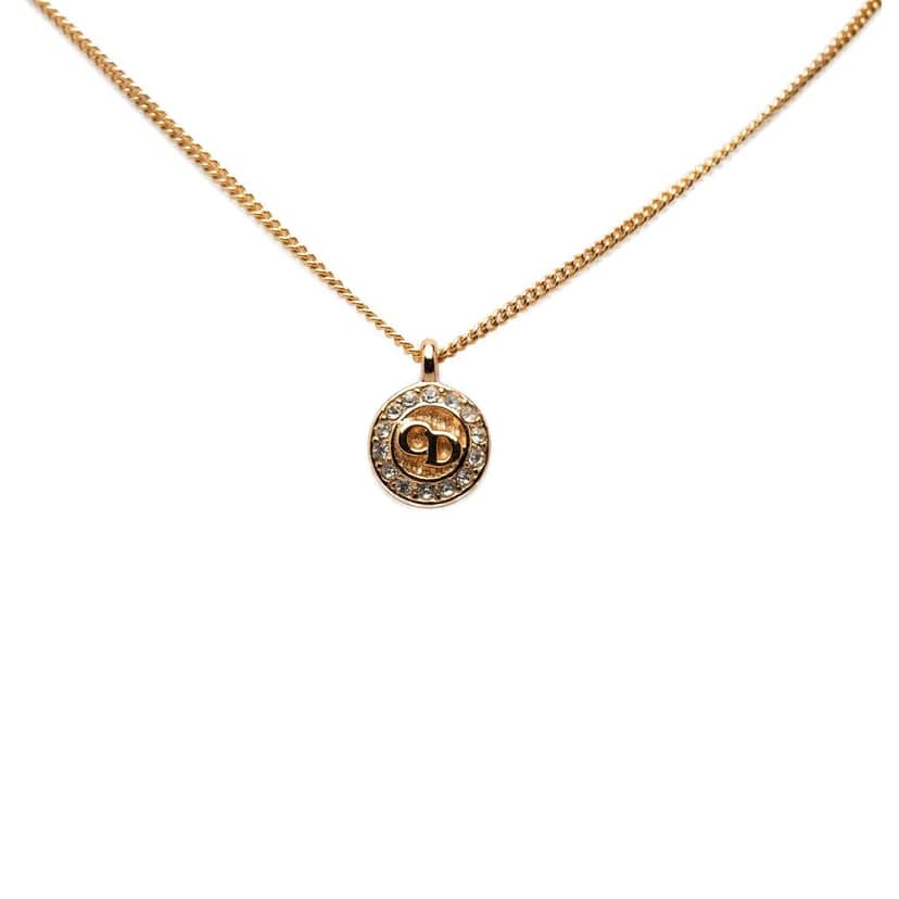 Dior Gold Plated Strass CD Round Pendant Necklace Gold Metal Very good condition - Front View
