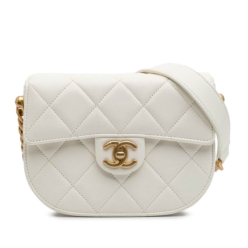 Chanel CC Quilted Lambskin Round Moon Messenger Flap White Leather Very good condition - Front View