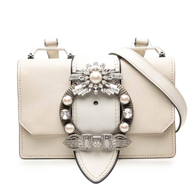 Miu Miu Goatskin Madras Soft Calf Crystal Embellished Crossbody White Leather Very good condition - Front View