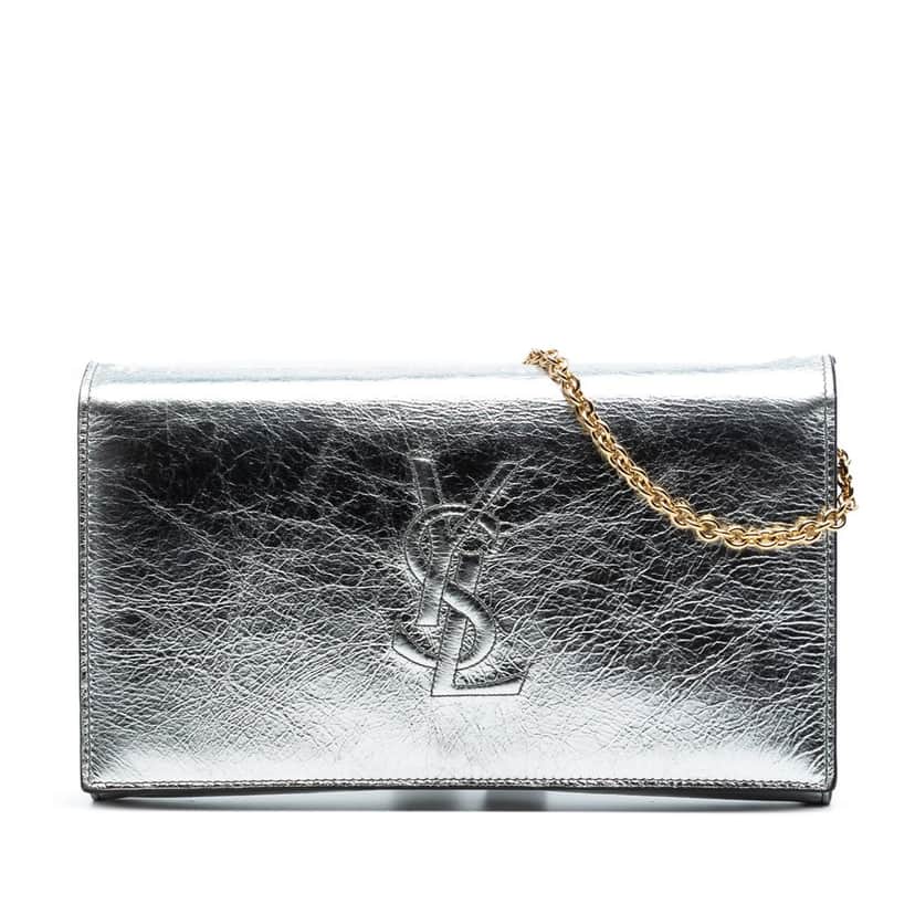 Saint Laurent Crinkled Metallic Calfskin Belle de Jour Chain Clutch Silver Leather Very good condition - Front View