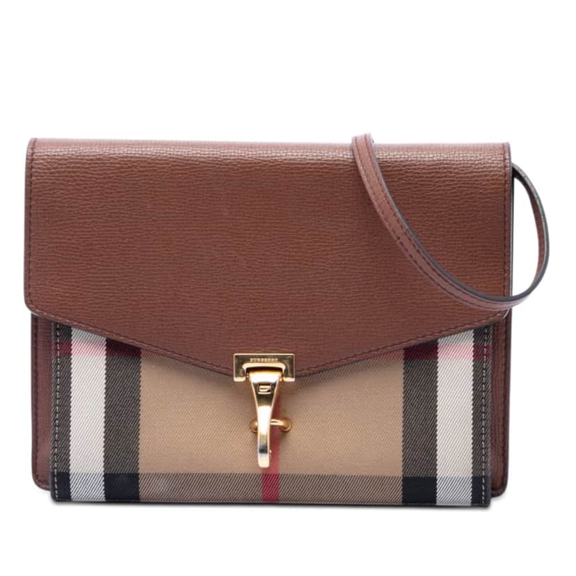 Burberry Small Leather and House Check Canvas Derby Macken Crossbody Brown Very good condition - Front View