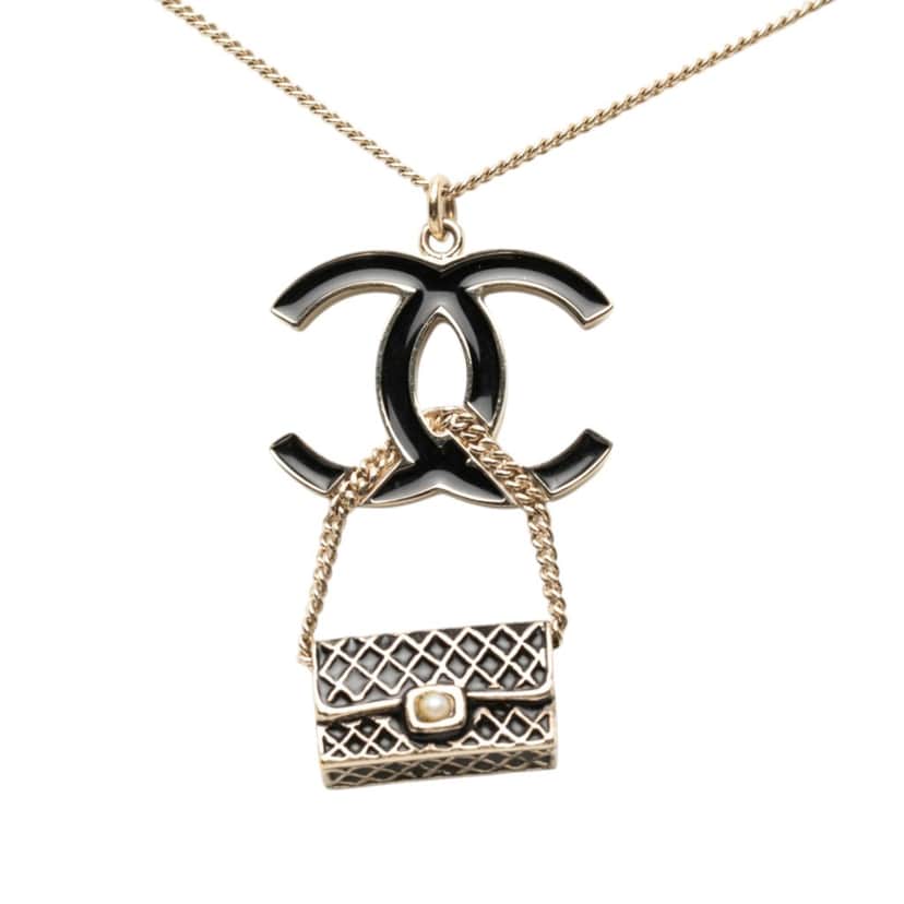 Chanel Gold Plated and Enamel CC and Flap Bag Pendant Necklace Gold Metal Very good condition - Front View