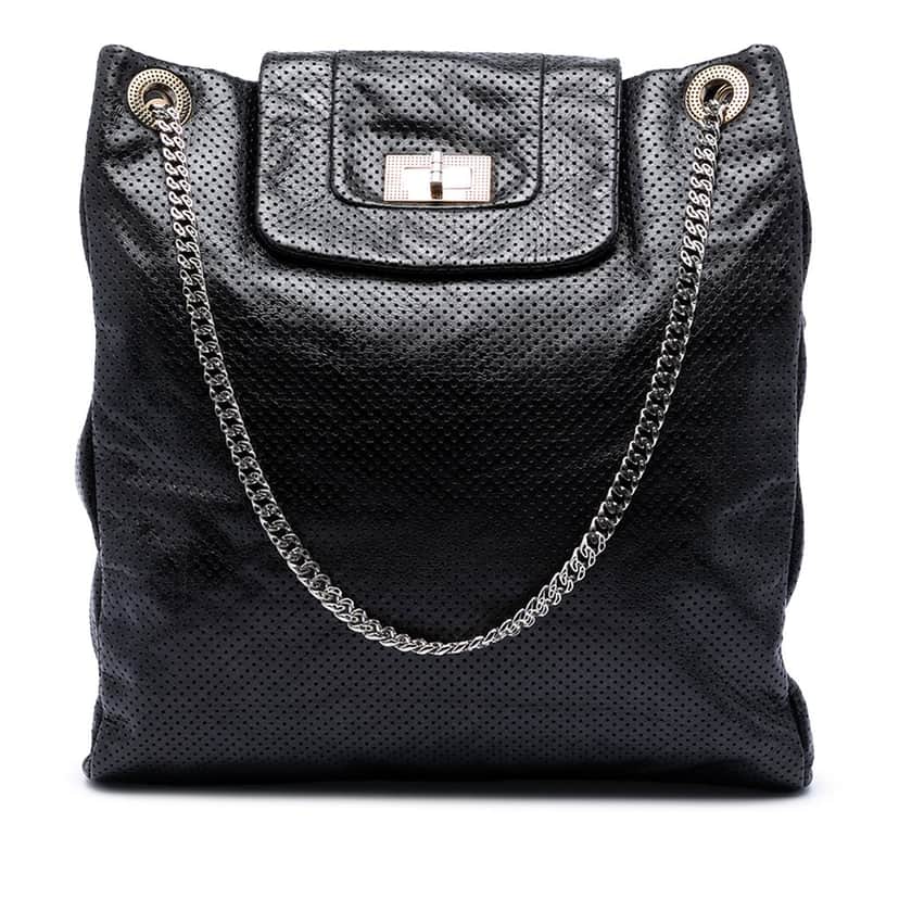 Chanel Perforated Crackled Metallic Calfskin Drill Tote Black Leather Very good condition - Front View