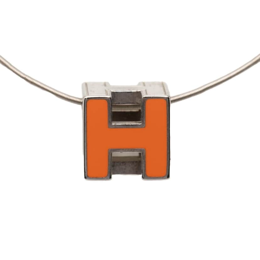 Hermès Palladium Plated Lacquered Cage D H Pendant Necklace Silver Metal Very good condition - Front View
