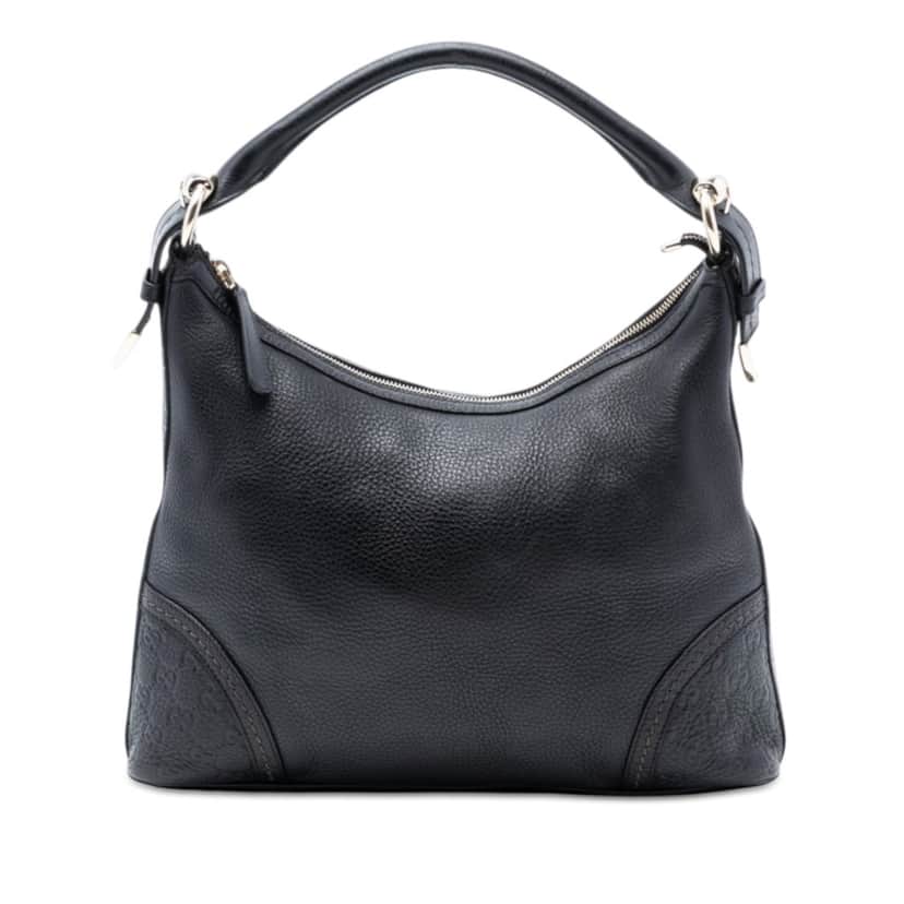 Gucci Medium Pebbled Calfskin Guccissima Trim Signoria Shoulder Bag Black Leather Very good condition - Front View