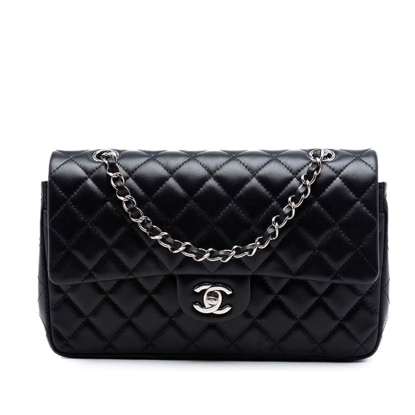Chanel Medium Classic Lambskin Double Flap Black Leather Very good condition - Front View