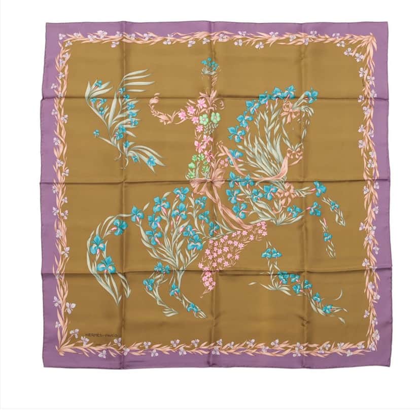 Hermès Cheval Fleuri Silk Scarf 90 Green Very good condition - Front View