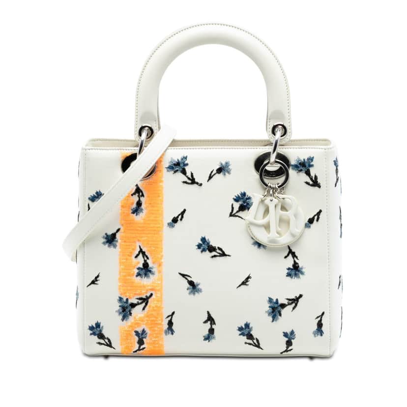 Dior Medium Lambskin Floral Sequin Lady Dior White Leather Very good condition - Front View